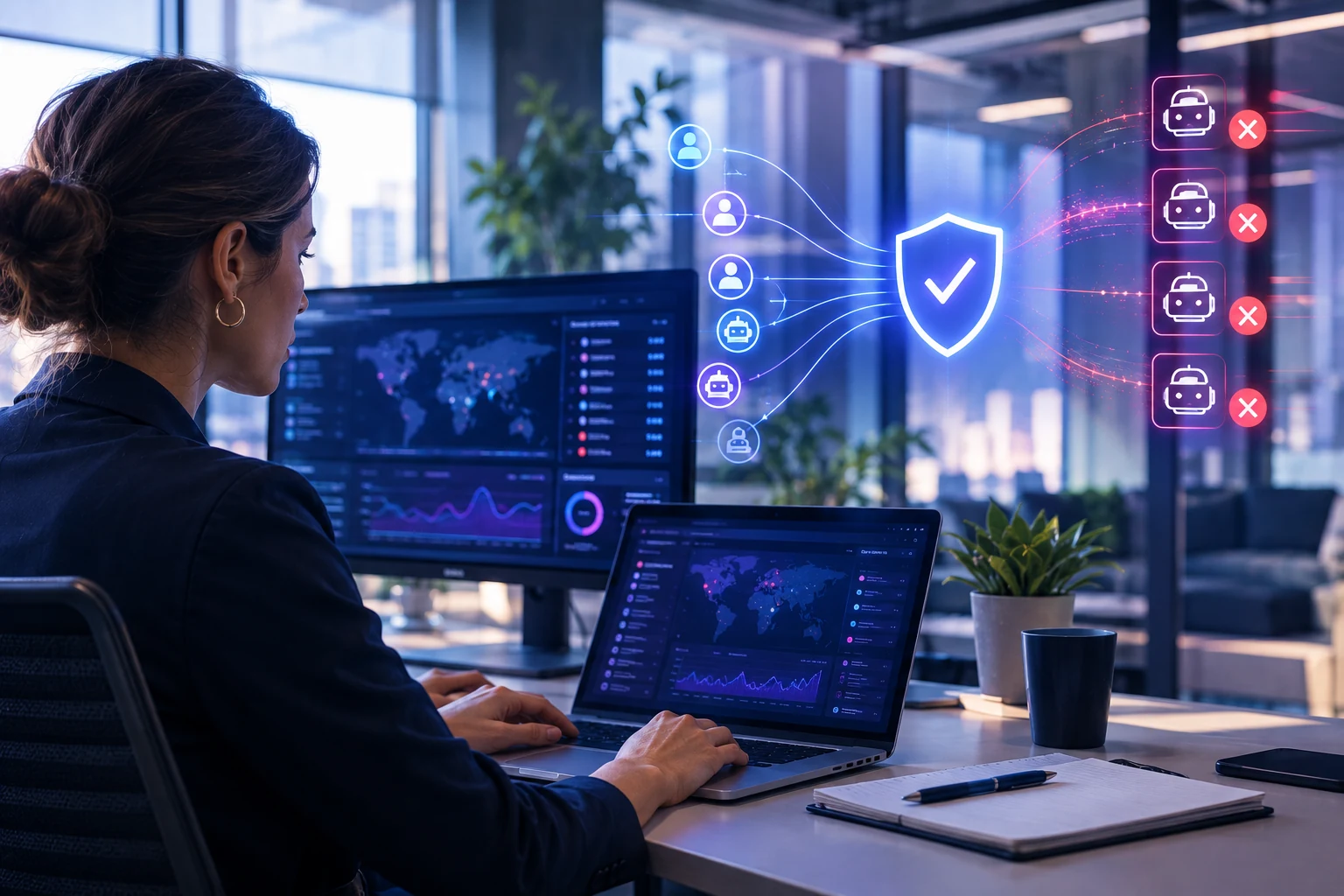 An engineer at her desk reviewing traffic dashboards, beside a shield that admits a mix of human and legitimate-bot icons and rejects four bot icons on the other side.